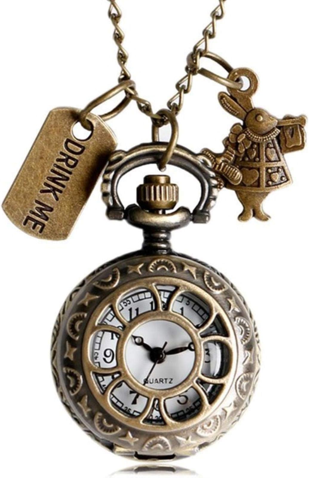 Pocket Watch Necklace Retro Bronze Dream Alice in Wonderland Rabbit Drink Me Tag Brown Glass Quartz Pocket Watch Chain Necklace Pendant 4