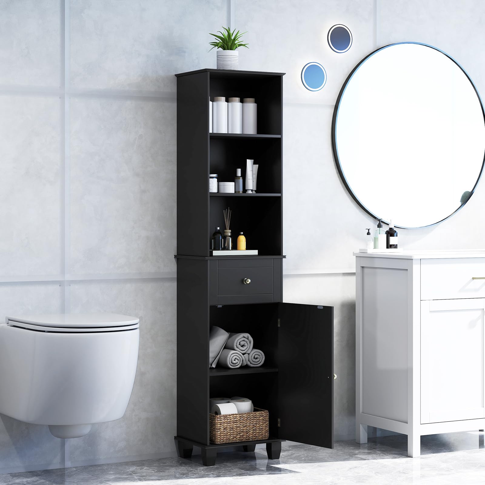 GIANTEX Mobile da bagno alto 172 cm, colonna bagno con 3 ripiani aperti, 1 cassetto, 1 anta e ripiano regolabile, salvaspazio, mobile portaoggetti per cucina, soggiorno (nero)