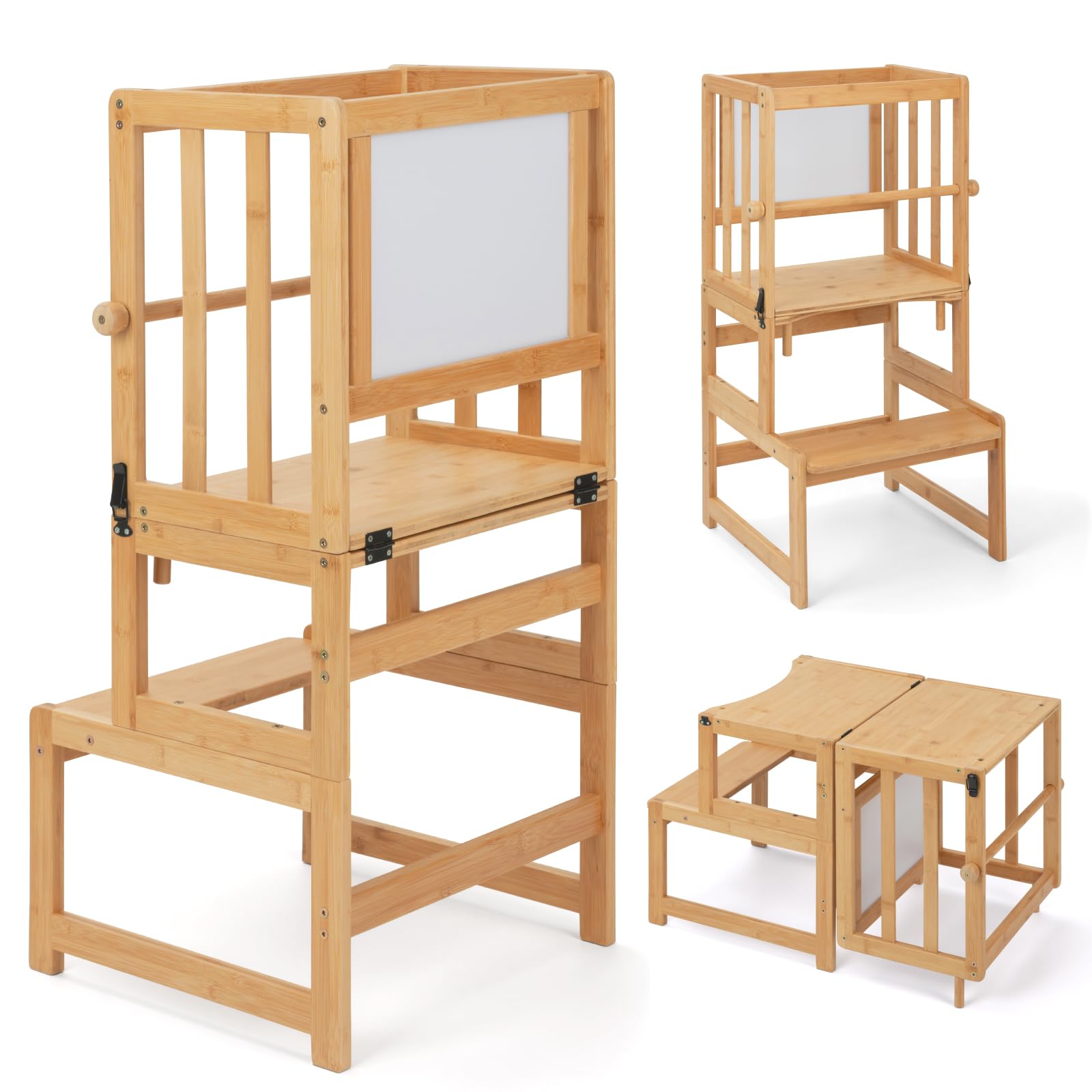 COSYLAND Montessori Lernturm ab 1 Jahr klappbar | 3 in 1 Learning Tower & Lernstuhl Kinder ab 1 Jahr | Klappbarer Montessori Lernturm mit Tafel für Küche, Tisch & Bad, Toddler Tower