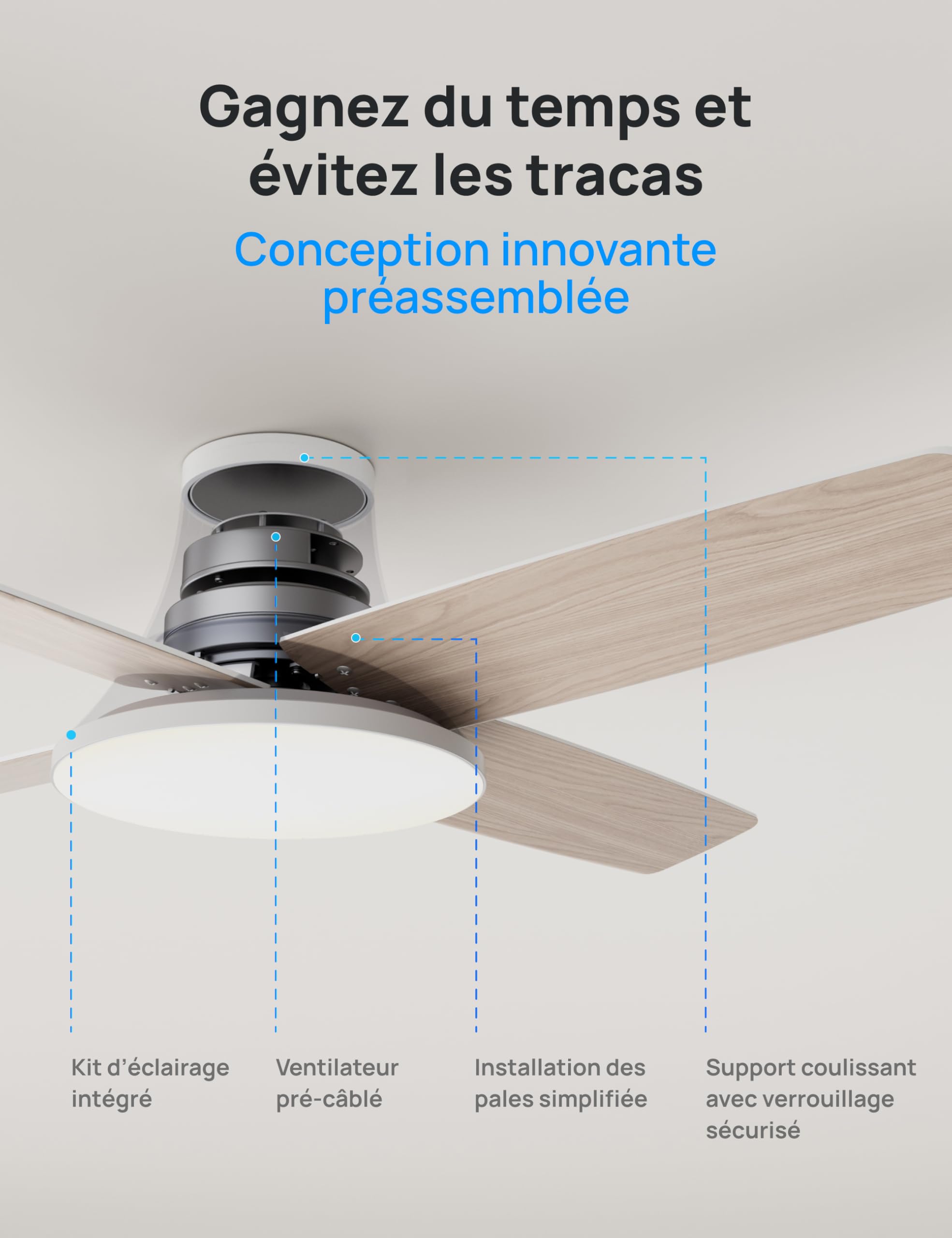DREO ventilateur de plafond avec lumière, 12 vitesses, 3 modes, moteur CC silencieux, montage facile, LED dimmable, télécommande et minuterie 12 h, ventilateur de plafond blanc pour chambre et salon