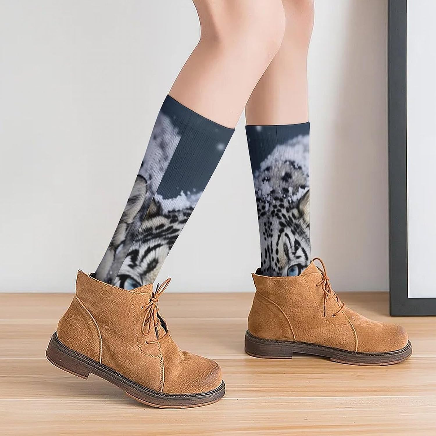 Breathable Crew Sock, Moisture Wicking, Athletic Calf Socks, Cozy | Blue Eyed Snow Leopard Compression Socks for Women Men, Lightweight High Work Socks for Business, Casual