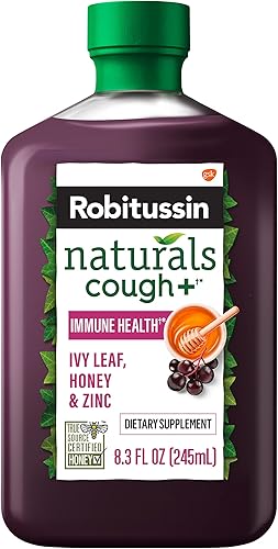 Robitussin Naturals - Suplemento dietético para aliviar la tos y la salud inmunológica para adultos miel hoja de hiedra jarabe de zinc y saúco sabor