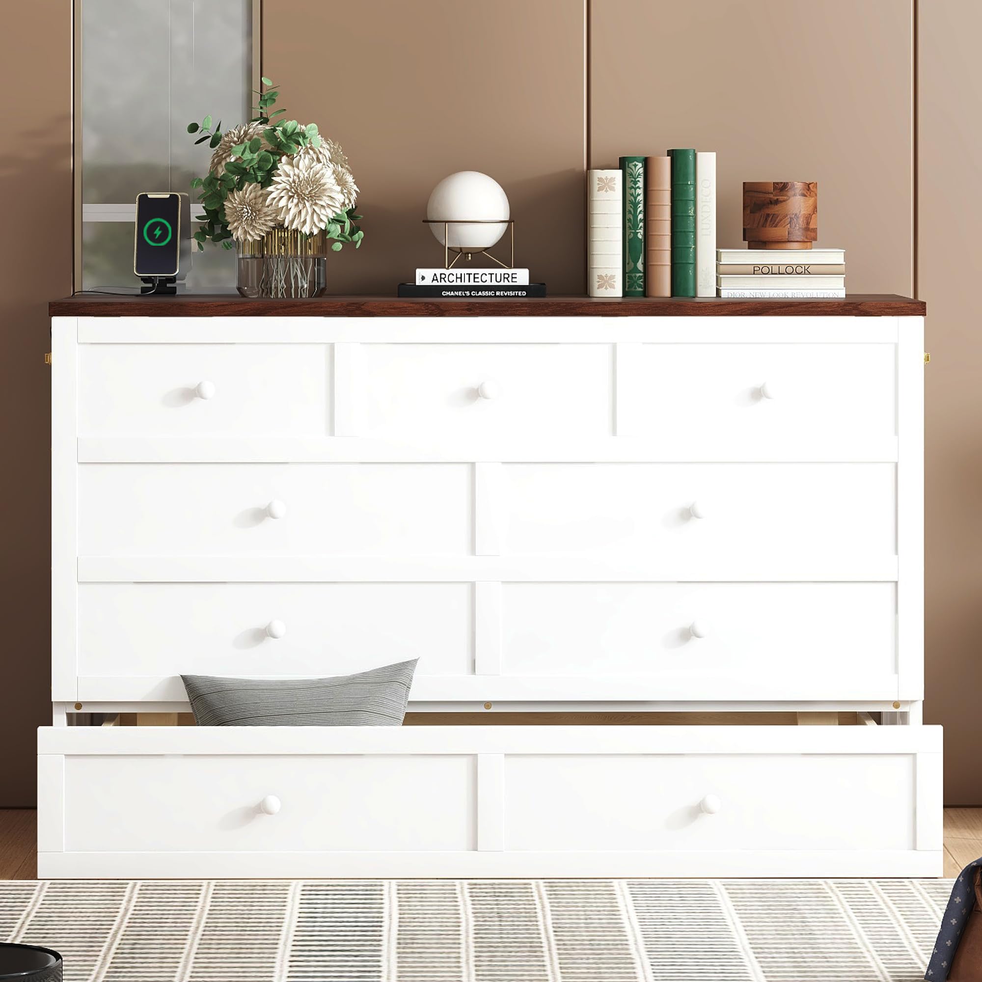 Queen Size Murphy Bed Cabinet, Murphy Bed Cabinet with Storage Drawer and Charging Station, USB Port, Solid Pine Wood Murphy Bedframe for Home Office Studio Guest Room, White Walnut