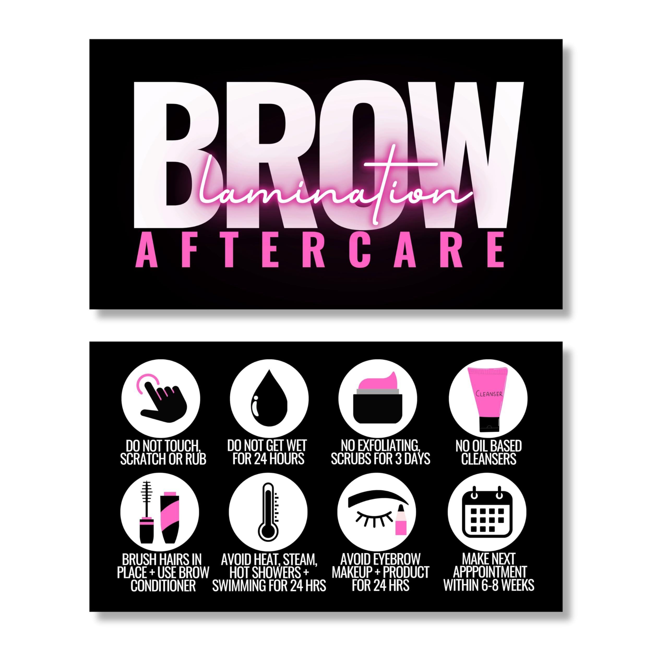 Cute Modern Brow Lamination After Care Cards/Pack of 55 business card size brow lamination aftercare cards perfect after appointment reminder (Hot Pink)