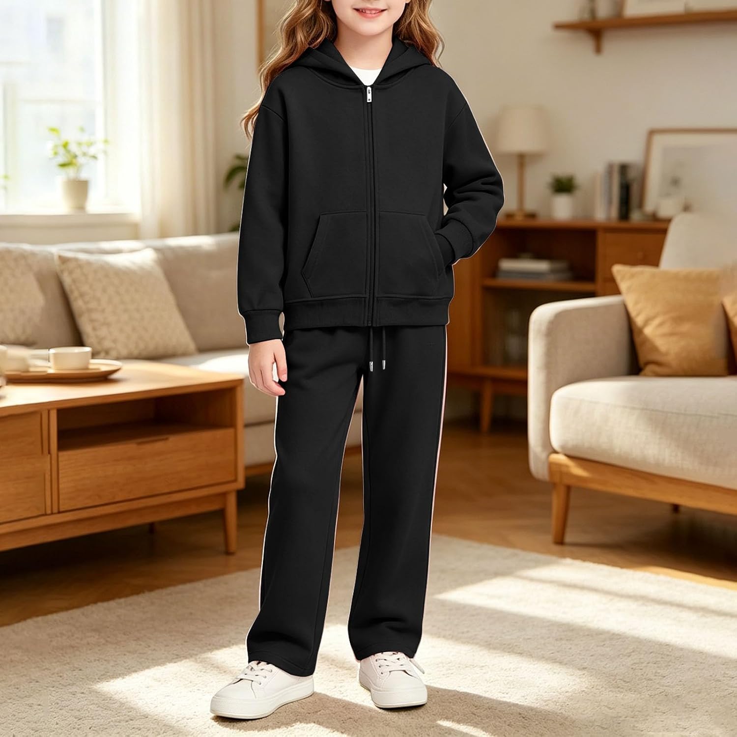 Girls Athletic Sweatsuit 2 Piece Zip Up Hoodies And Sweatpants Sets Fall Tracksuit Outfits For Kids 5 To 13 Years