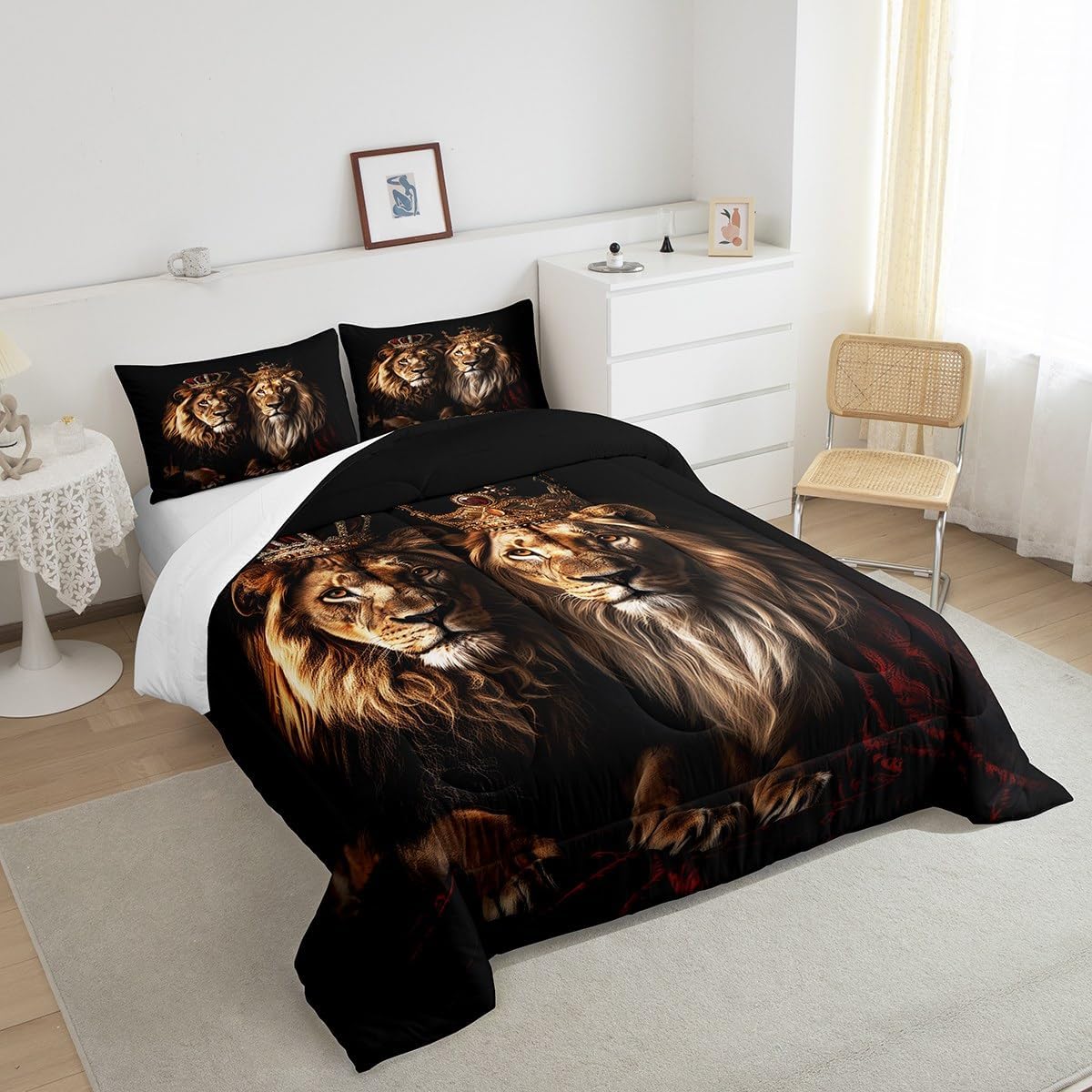 3D Lion Printed Comforter Set King Size 3 Pcs Brown Abstract Jungle Wildlife Bedding Comforter for Kids Teens Adults Red Golden Crown Animals Decor Soft Quilt Duvet Set with 2 Pillowcases - Image 4