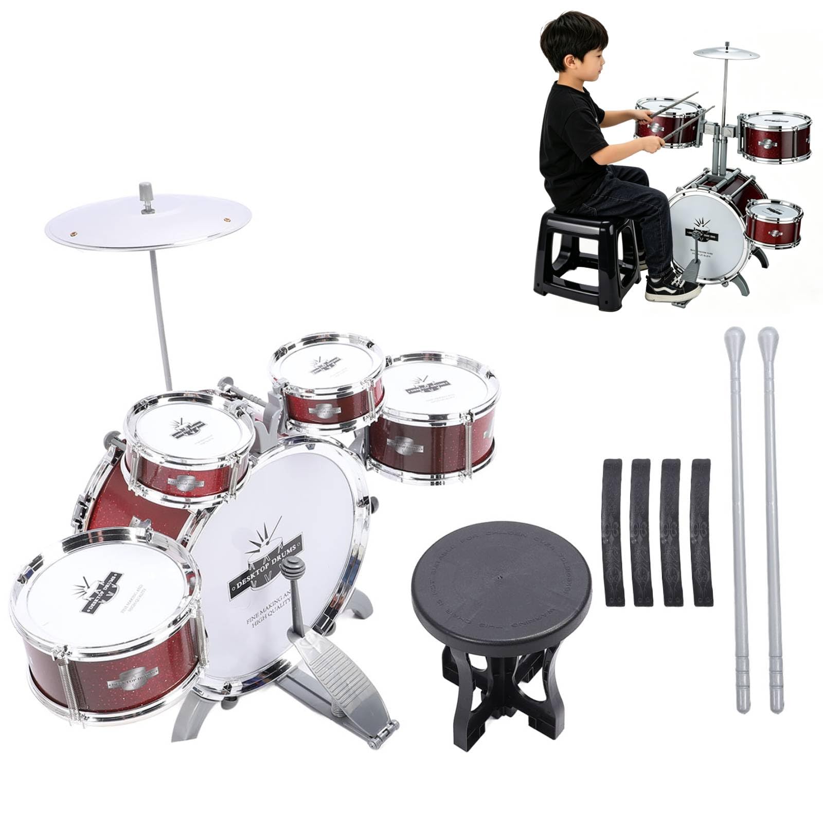 YWBL-WH 5 Tamburi Set Jazz per Bambini, Strumento Educativo a Percussione Strumento di Musica Antica Kit di Batteria per Allenamento Ritmico Stabile Principiante Apprendimento Musicale