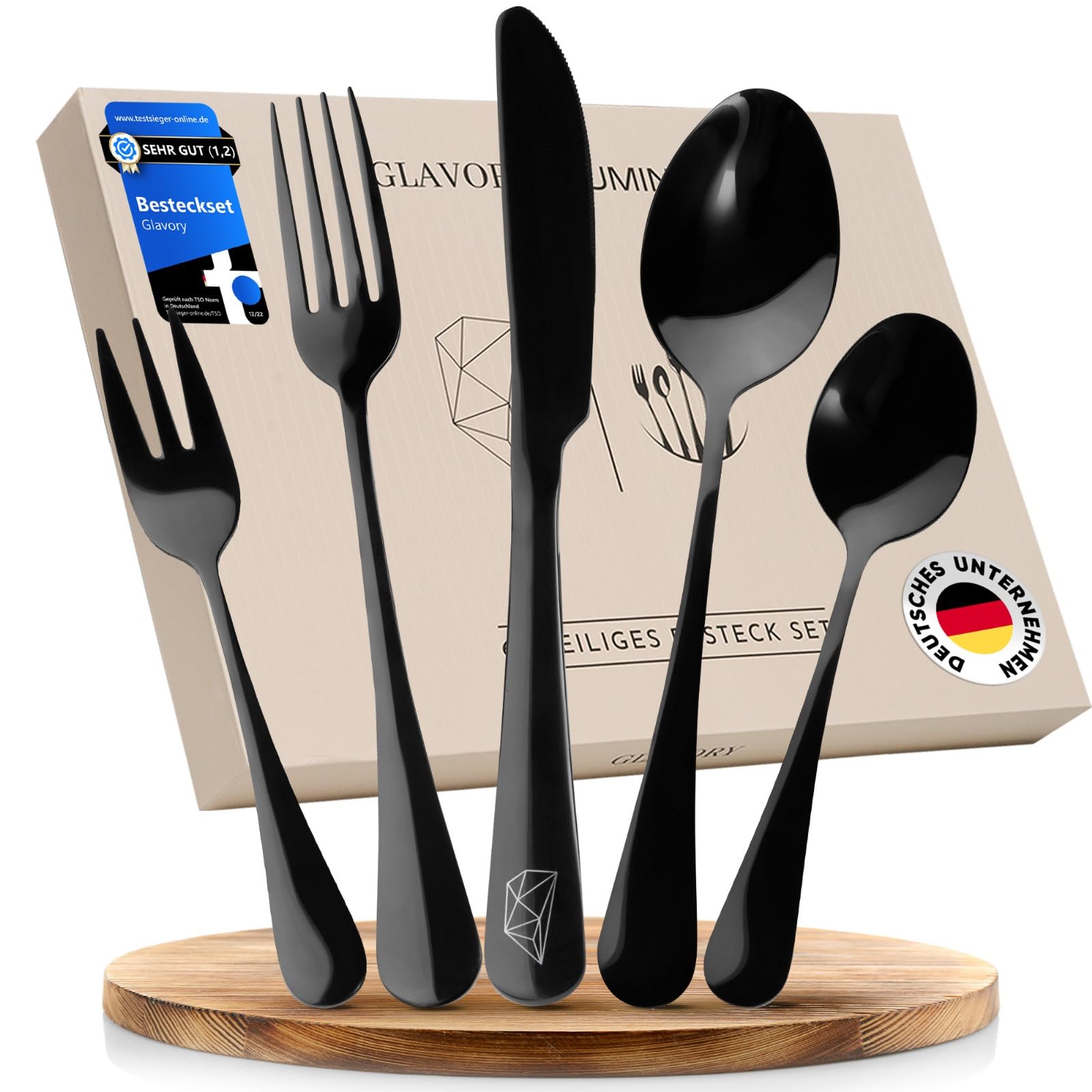 Glavory Lumina - Besteck Set 6 Personen Schwarz Hochglanz - 30teilig - Besteckset Spülmaschinenfest aus rostfreiem 18/8 Edelstahl - Schwarzes Besteck mit edler Verpackung
