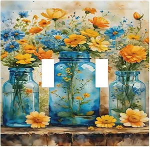 Decorative Switch Covers Plate Rustic Yellow Flowers Floral Blue Bottles 2 Gang Wall Plate Oversized Double Toggle Light Switch Plate Wall Cover Plate Faceplate for Country Home Decor