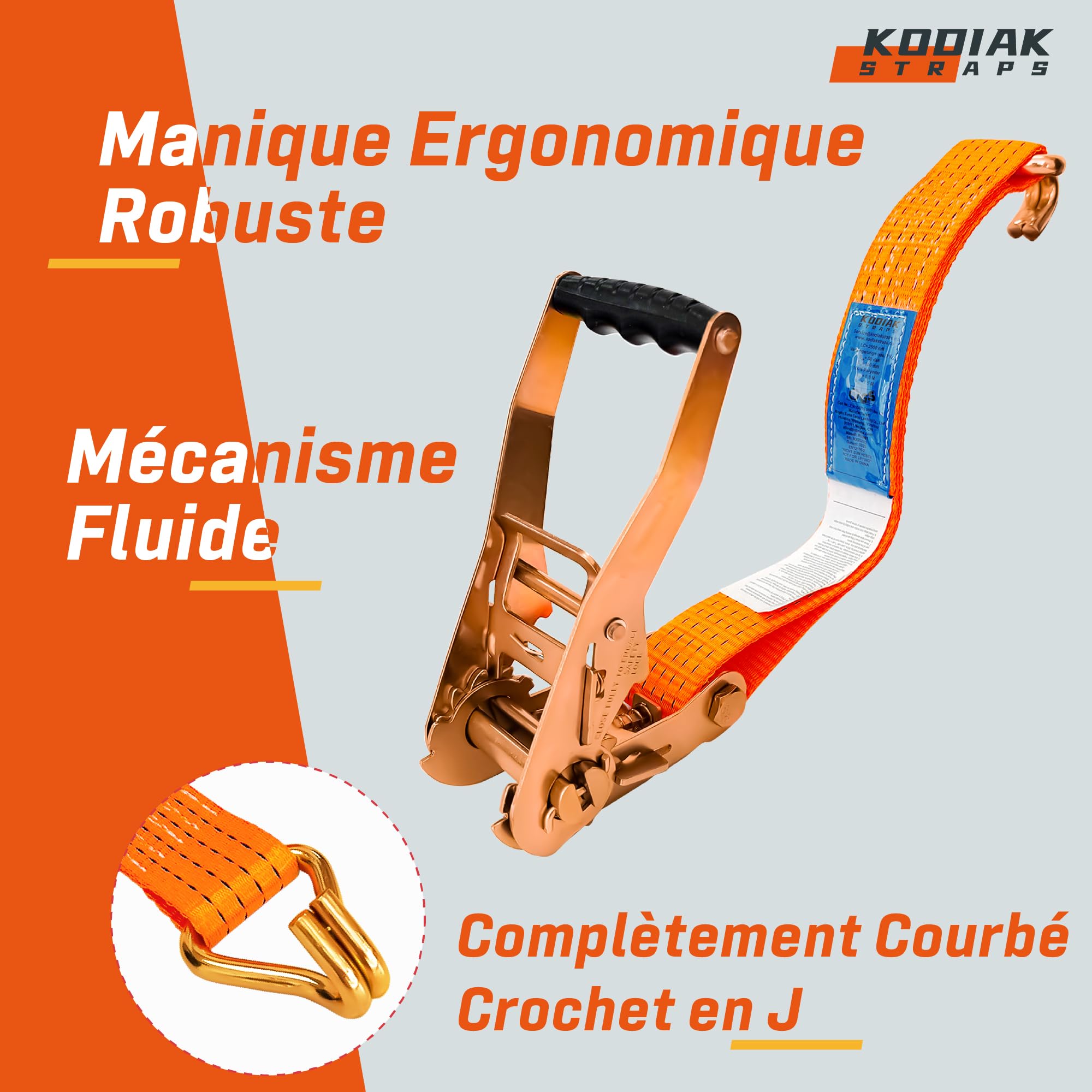 4 Lots de Sangles à Cliquet 8m x 5000kg avec Crochets - Sangles d'Arrimage 50mm Orange pour la Sécurisation des Chargements - Certifié TÜV/GS DIN en 12195-2 - KODIAK STRAPS