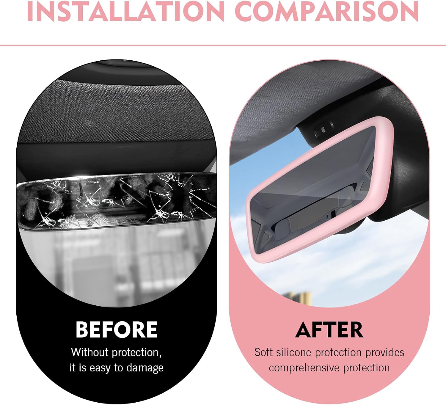 Car Rear View Mirror Protector Frame, Silicone Auto Rearview Mirror Cover, Compatible with Model 3 and Y, Rear View Trim Frame Decoration, Cars Decorations Interior (Pink)
