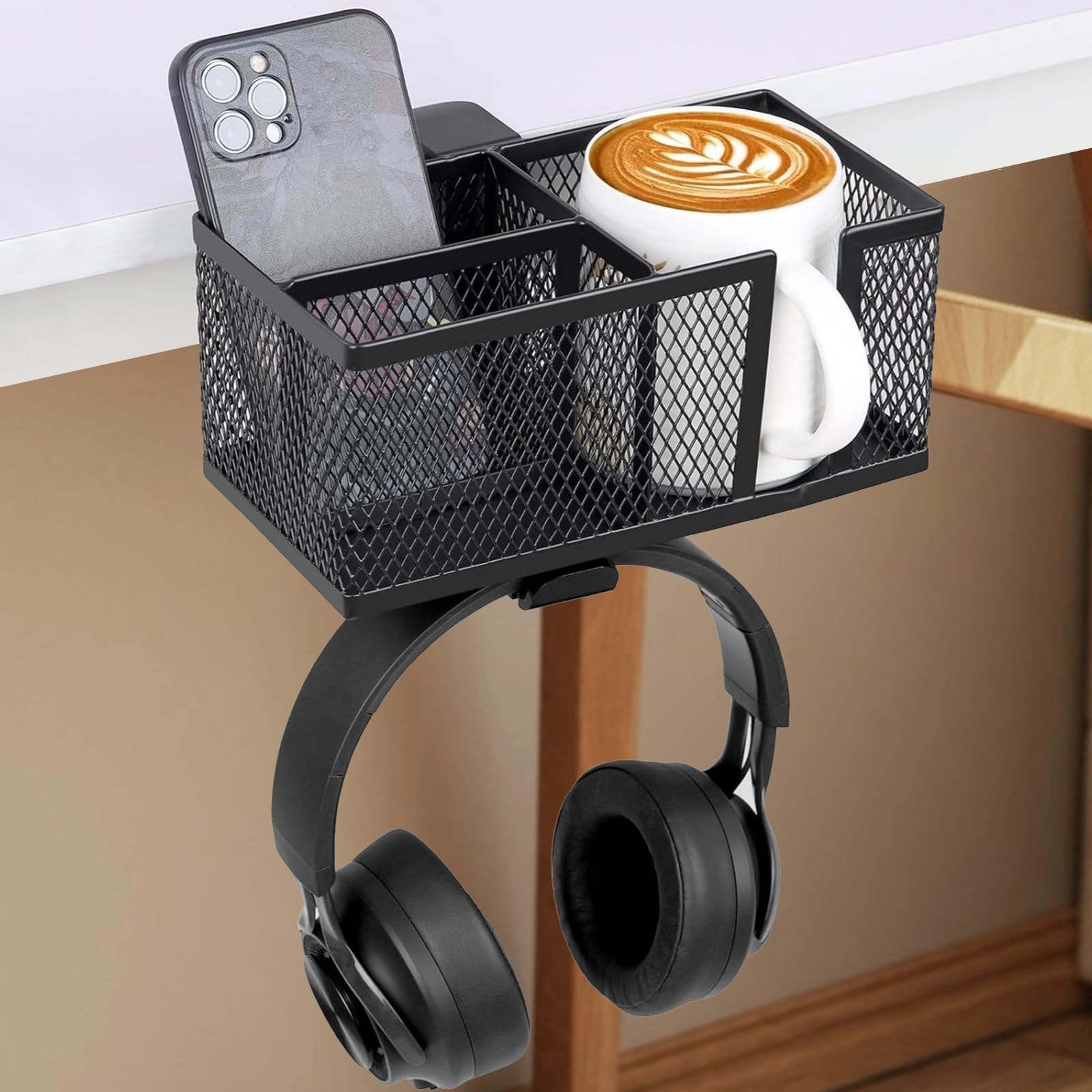 Clip-On-Metall-Getränkehalter, schwarz, Schreibtisch-Organizer-Klemme, Schreibtischzubehör für Flaschen, Tassen, Kopfhörer, kein Bohren, einfache Installation