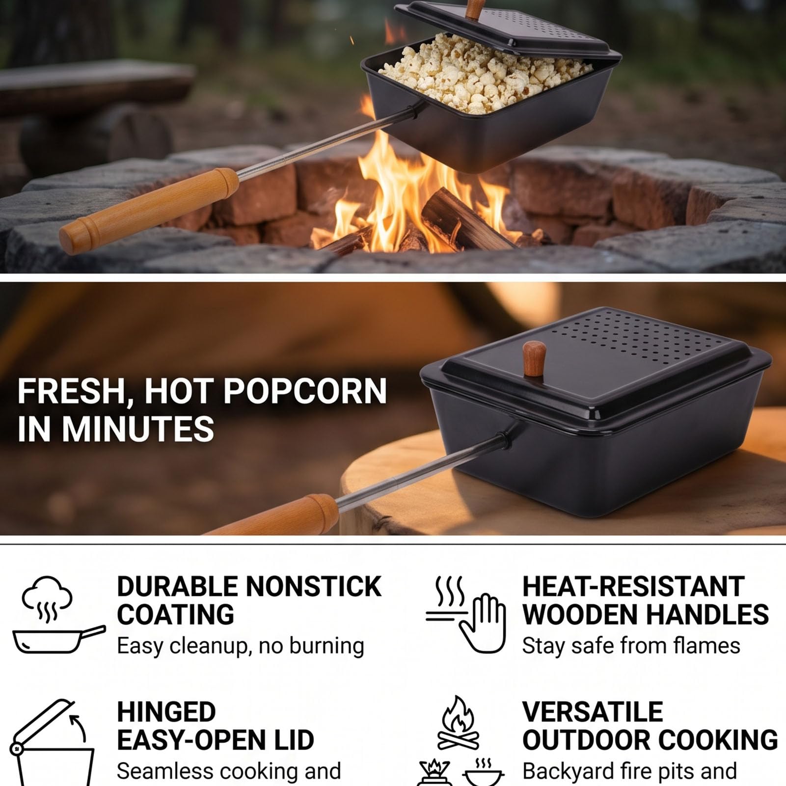 Camping Popcorn Popper Antiadhésif Manche en Bois Foyer Batterie de
