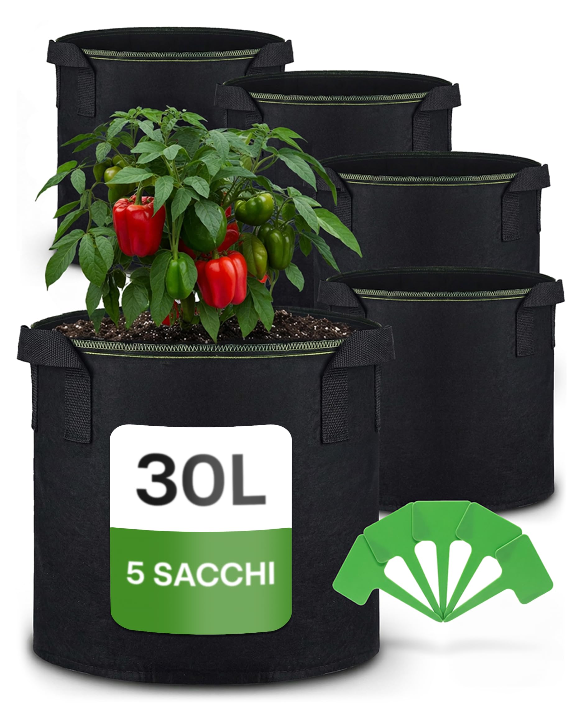 5 Sacchetti Per Piante In Tessuto Non Tessuto 20L Con Manici – Per Patate, Pomodori, Fiori (Nero, 5 Galloni)