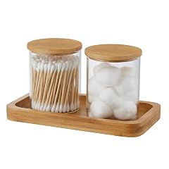 Glass Qtip Holder with Vanity Tray Apothecary Jars Bathroom Accessories Bathroom Canisters Organizer Countertop Q Tip Holder for