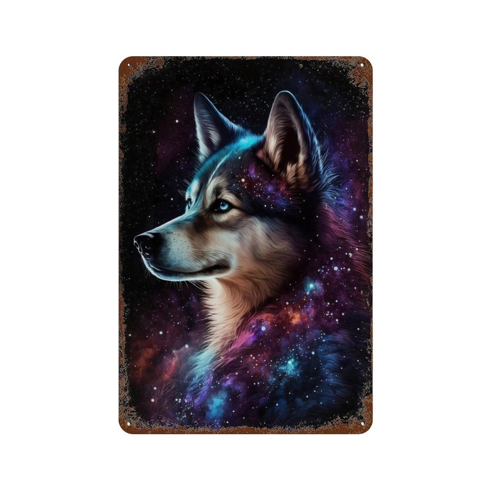 Cosmic Wolf Portrait-9 Distressed Metal Wall Sign 11.8"x7.9", Industrial Home Decor for Garage, Pub Or Kitchen