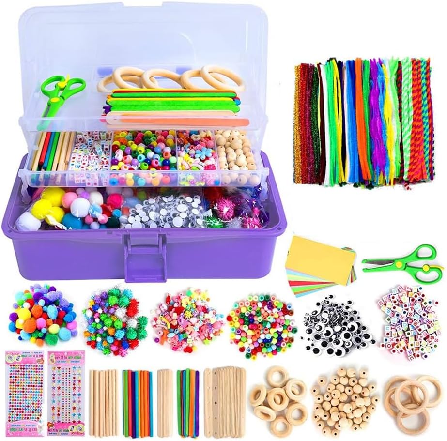 Amerteer 1055 Pcs Art And Craft Supplies For Kids, Toddler DIY Craft Art Supply Set With Folding Box Crafting Materials Toys For Home Project Kindergarten Preschool Art Supplies Bulk Craft Set -Purple