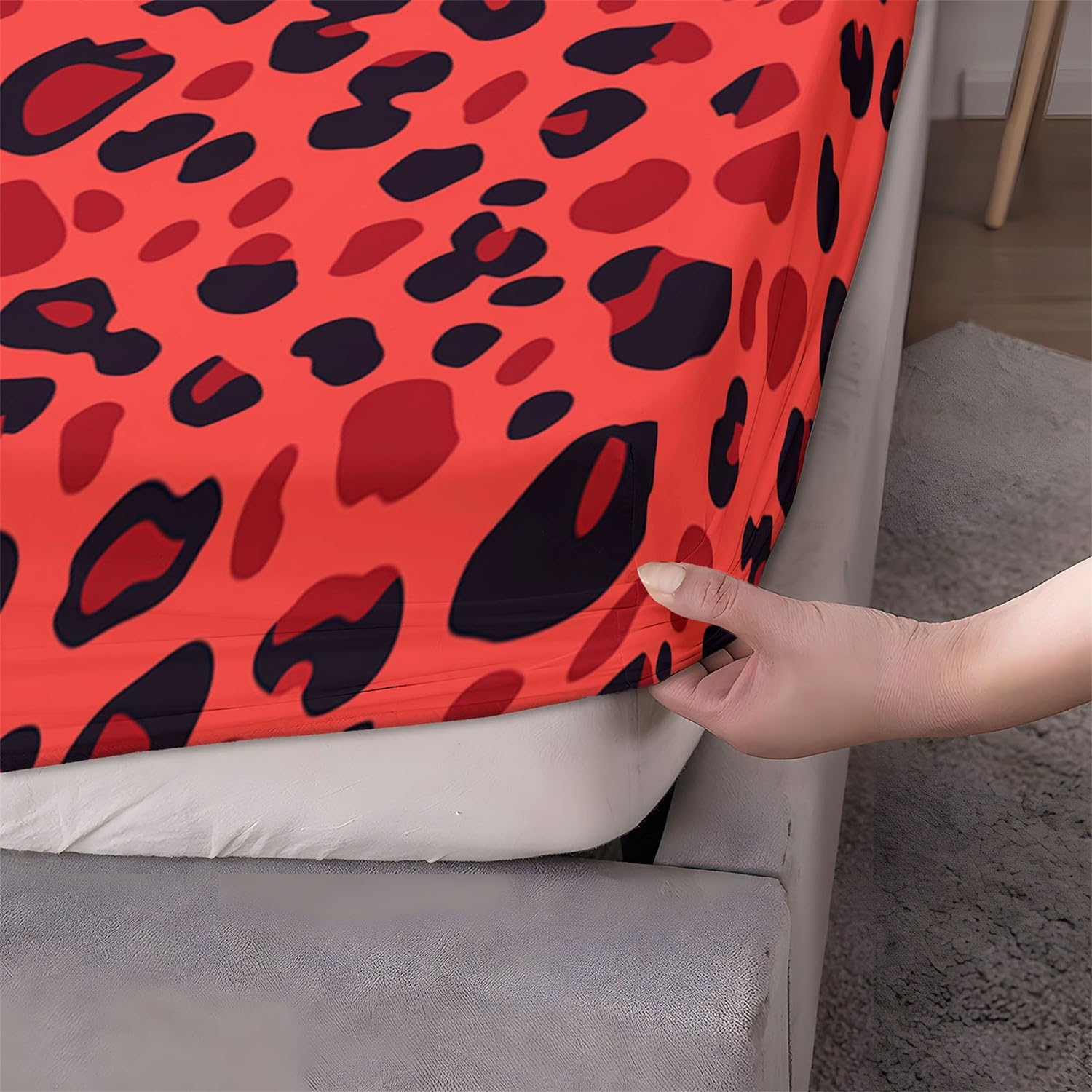 Lenzuolo con angoli profondi stampato con bellissimo motivo leopardato, 3 pezzi, con 2 federe, lenzuola in tessuto rosso in microfibra spazzolato extra morbido, 160 x 200 + 30 cm
