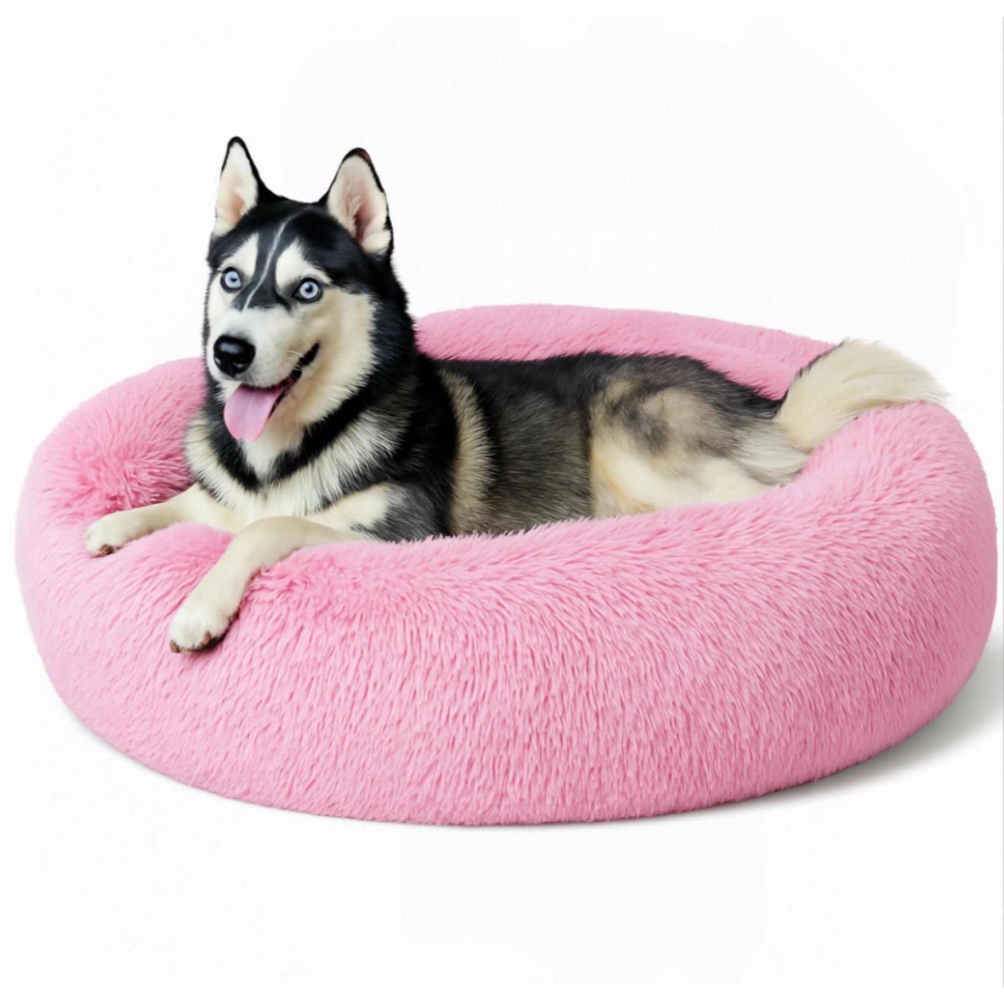 SEOUGEE Calming Donut Dog Bed, Fluffy Plush Round Cat Bed, Cosy Soft Washable Cushion Self-Warming Pet Beds Non-Slip Bottom, Indoor Sleeping Cuddler Nest for Medium Large Dogs (Light Pink 90cm)