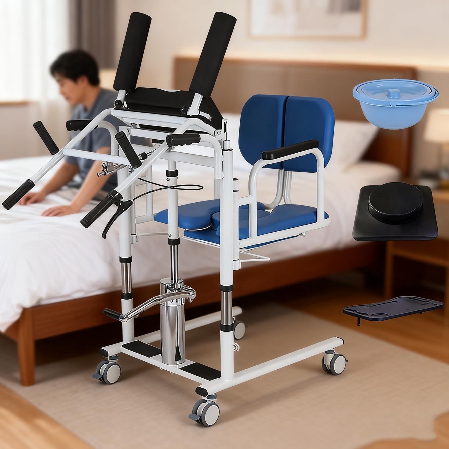 Sollevatore Idraulico per Pazienti con Mobilità Ridotta, Sedia Trasferimento Regolabile in Acciaio,Schienale e Sedile Divisi 180° con Vasino Portatile,Pedale Antiscivolo,Fino a 200 kg Blue