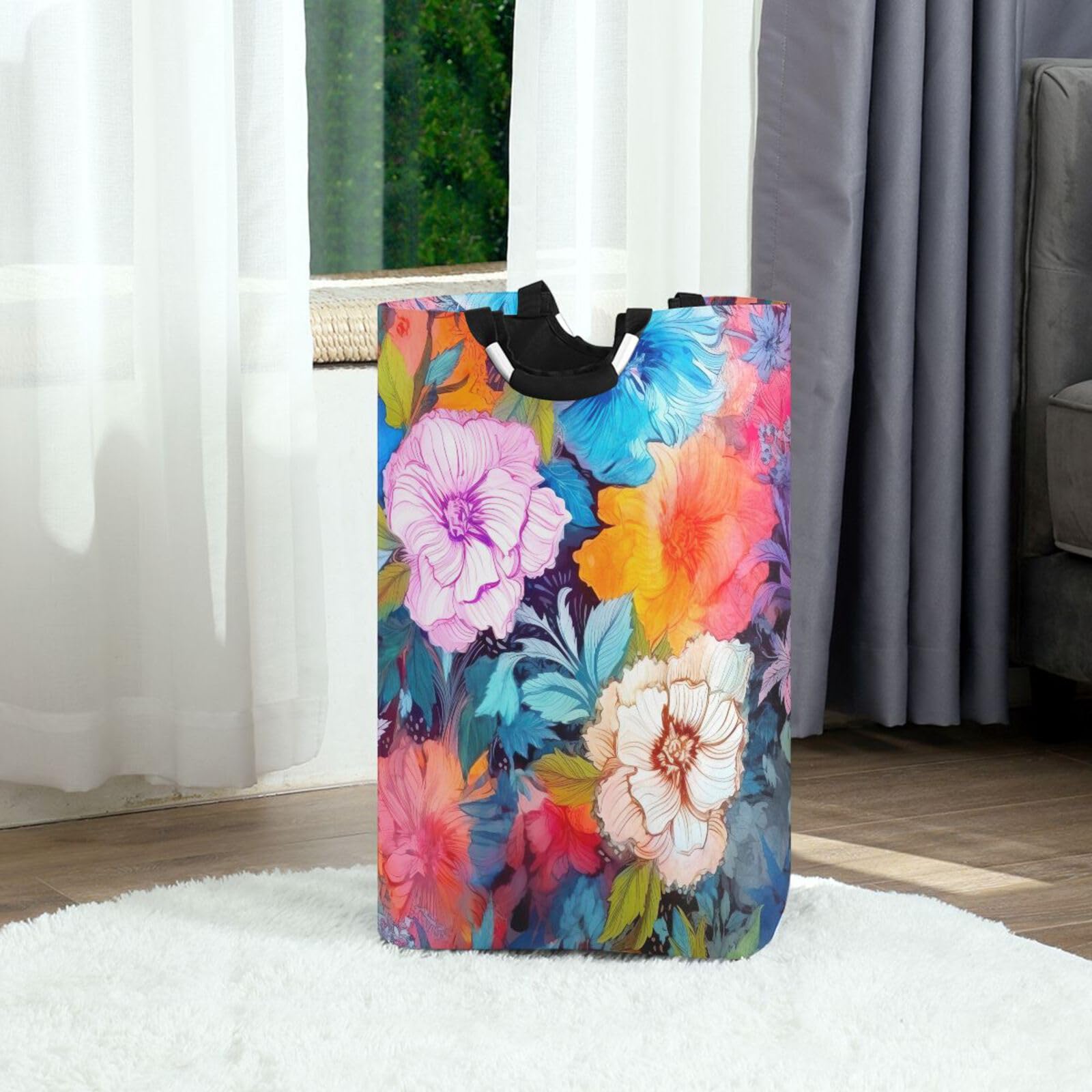 Jihqo Laundry Hamper Basket Colorful Floral Collapsible Nursery Storage Bin Waterproof Clothing Baskets for Home Bedroom Bathroom Washing Room