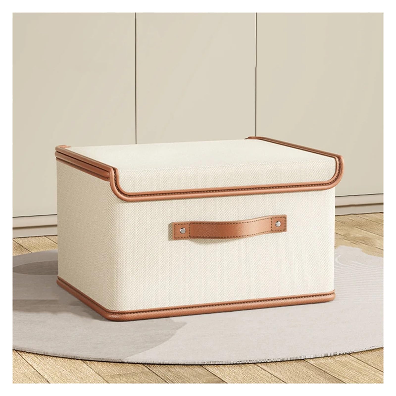 scatola di stoccaggio pieghevole Grande contenitore portaoggetti con coperchio integrato in tessuto Oxford, cestino for la camera da letto in tessuto(Rice white 37x27x26)
