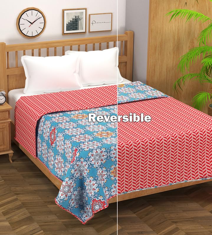 Image of VAS COLLECTIONS Pure Cotton 120 GSM Reversible Soft Lightweight Printed Single Bed Blanket /AC Dohar /Skin Friendly Dohar-152 x 225 cm - Pink & Blue