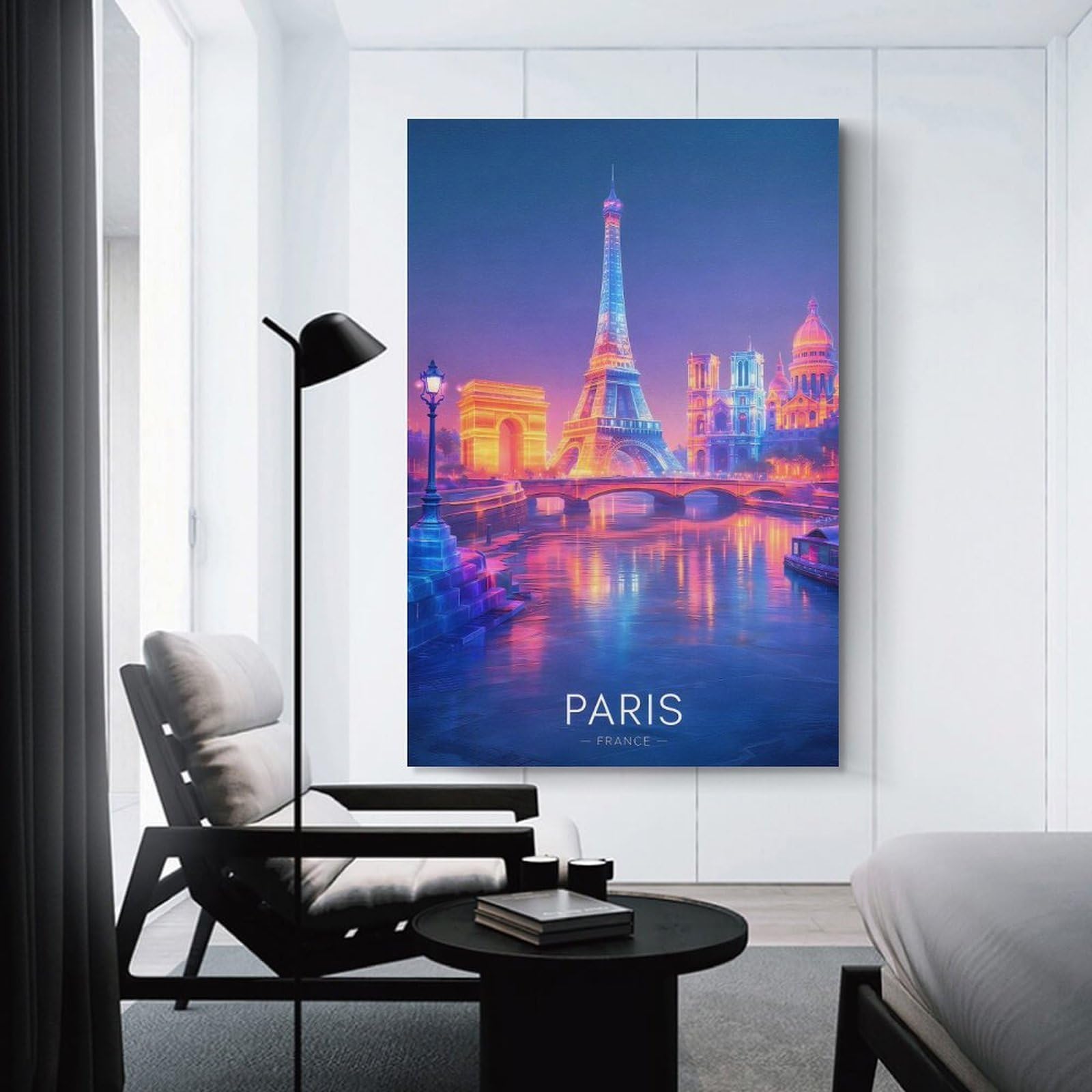 Junmoney Parisian Nightscape with Landmarks Canvas Wall Art, 24x36inch(60x90cm), for Living Room, Bedroom Or Apartment Walls, Decorative Artwork for Empty Walls