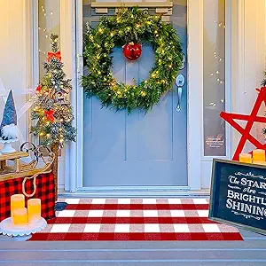 Ckorzen Red and White Plaid Rug, 24" x 51" Christmas Front Porch Outdoor Rug, Handwoven Cotton Washable Rug for Layered Door Mats, Holiday Entryway and Home Décor