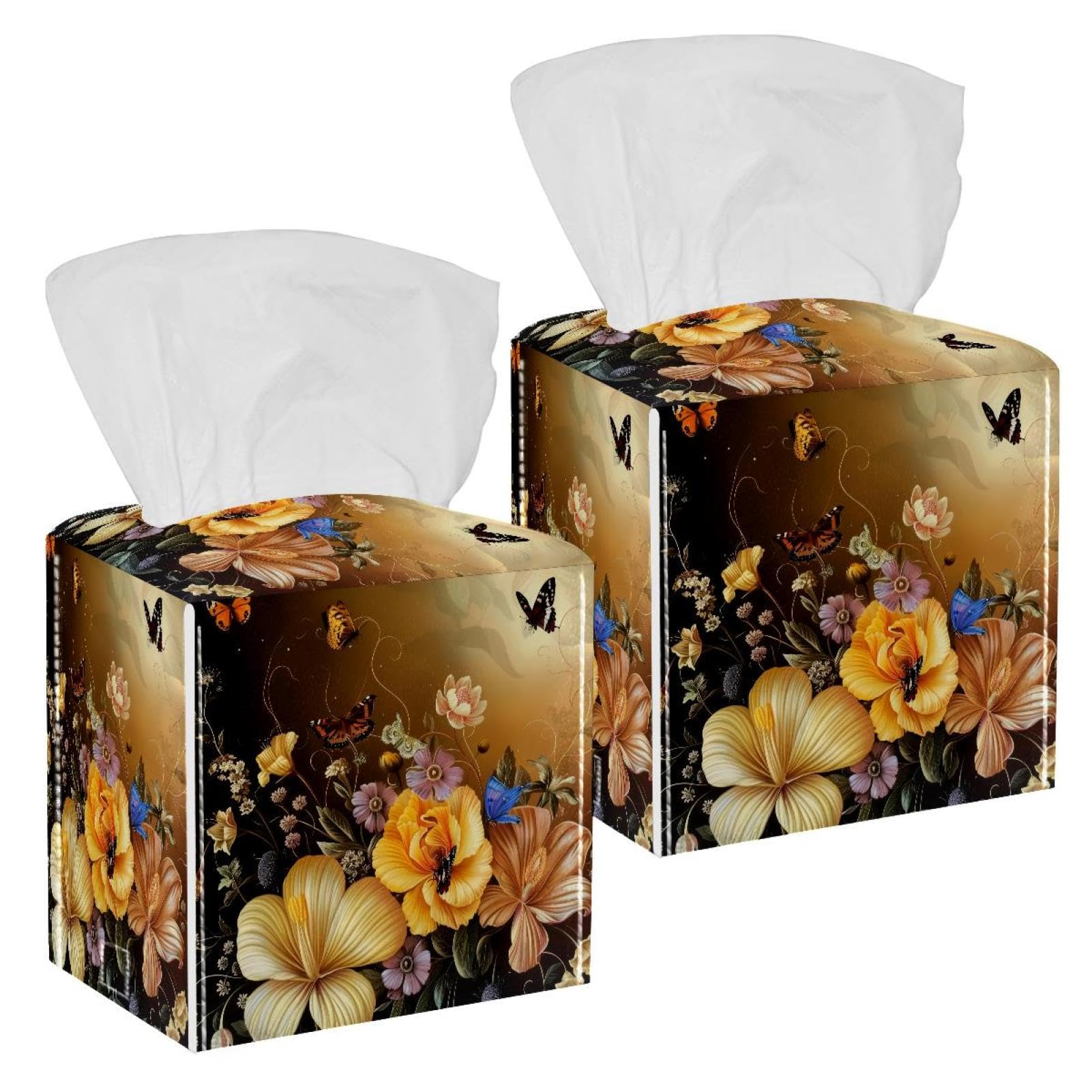 Golden Flowers with Butterflies Tissue Box Cover, 2 Pack PU Leather Square Facial Tissue Dispenser Box holder for Home Office Car