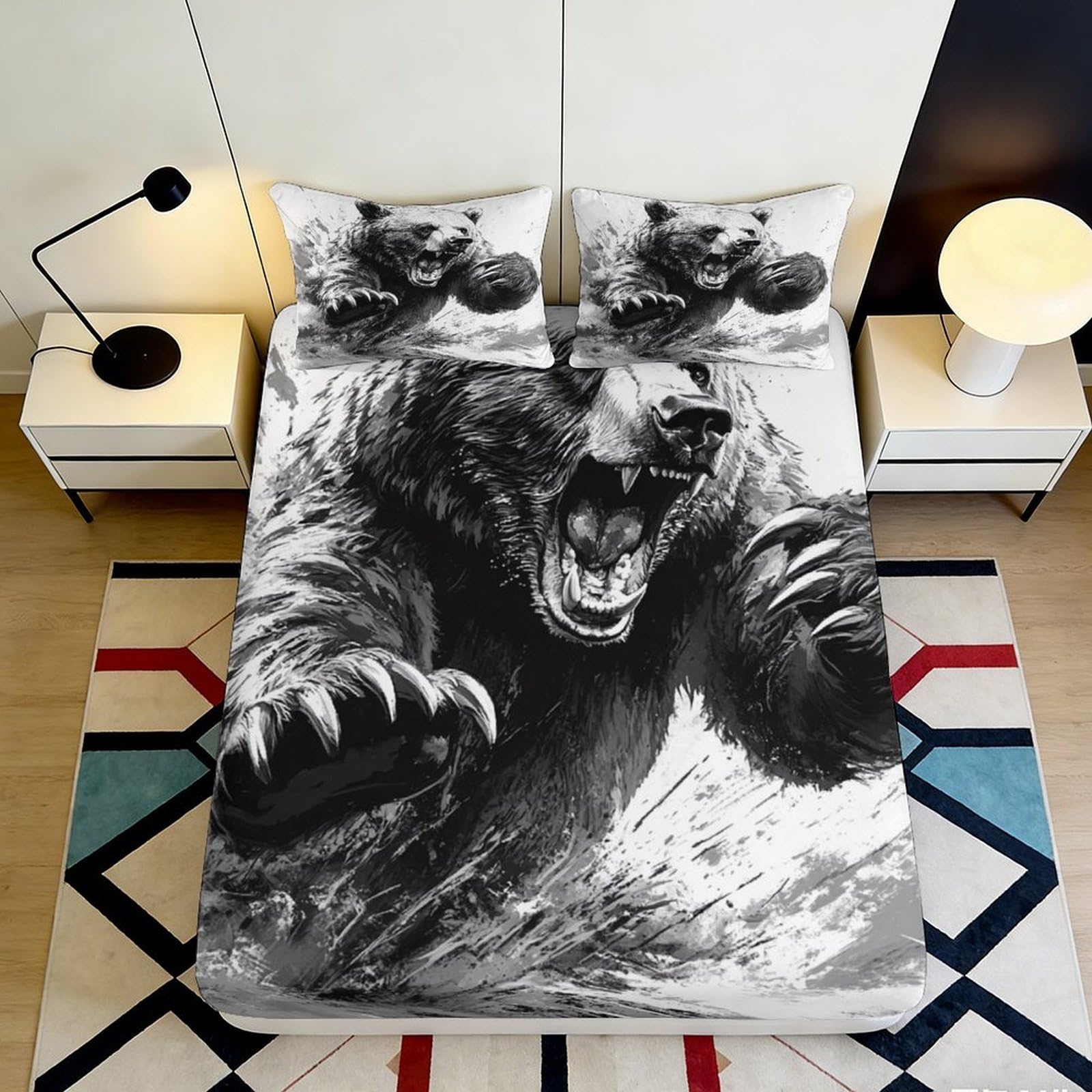 3D Printed Wild Bear Fitted Sheet Microfiber Soft Black White Forest Animal Bed Cover for Bedroom Dorm Mattress Decor 90x200x25cm