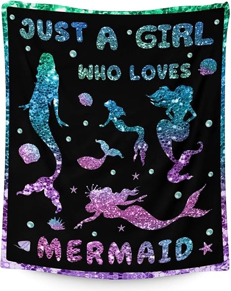Mercuryelf Mermaid Throw Blanket - Soft, Fuzzy & Warm - 60x80 Inches Flannel Blankets for Bed, Couch - Black Cute Throws Gift for Adults