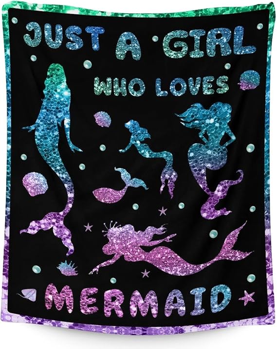 Mercuryelf Mermaid Throw Blanket - Soft, Fuzzy & Warm - 60x80 Inches Flannel Blankets for Bed, Couch - Black Cute Throws Gift for Adults