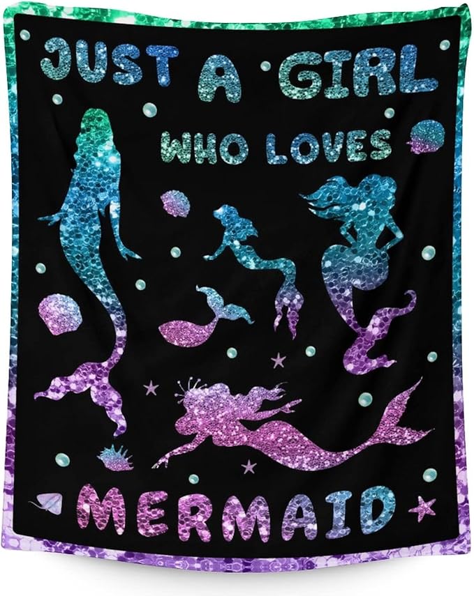 Mercuryelf Mermaid Throw Blanket - Soft, Fuzzy & Warm - 60x80 Inches Flannel Blankets for Bed, Couch - Black Cute Throws Gift for Adults