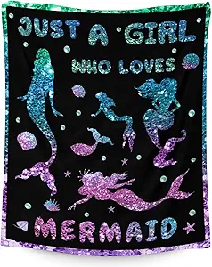 Mercuryelf Mermaid Throw Blanket - Soft, Fuzzy & Warm - 60x80 Inches Flannel Blankets for Bed, Couch - Black Cute Throws Gift for Adults