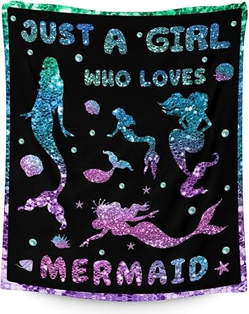 Mercuryelf Mermaid Throw Blanket - Soft, Fuzzy & Warm - 60x80 Inches Flannel Blankets for Bed, Couch - Black Cute Throws Gift for Adults