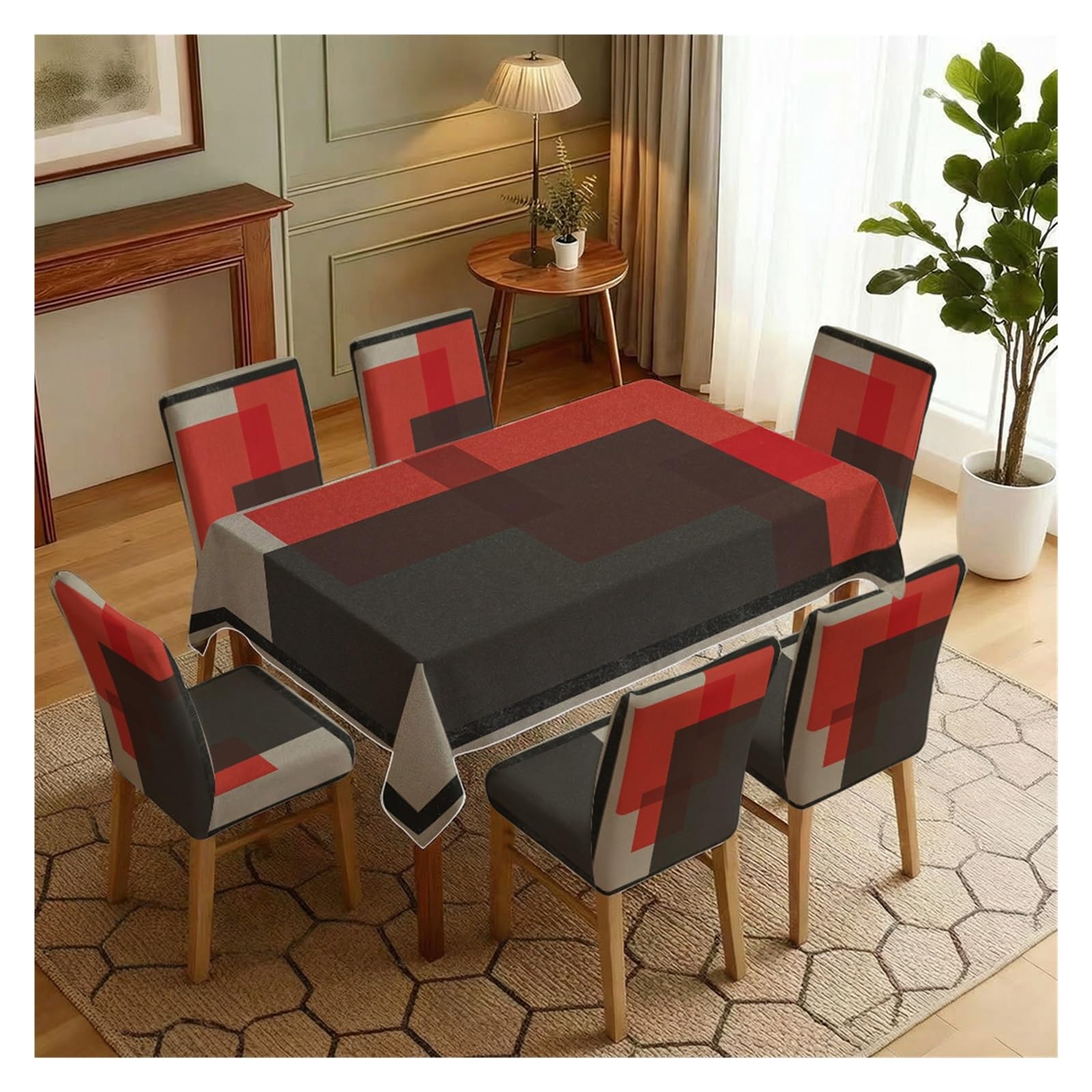 BOSUYBN Red Black Geometric Block Dining Tablecloth & Chair Covers Set, 5/7 Piece Modern Minimalist Home Decor Table Setting(7pcs Set: Tablecloth+Chair Covers)