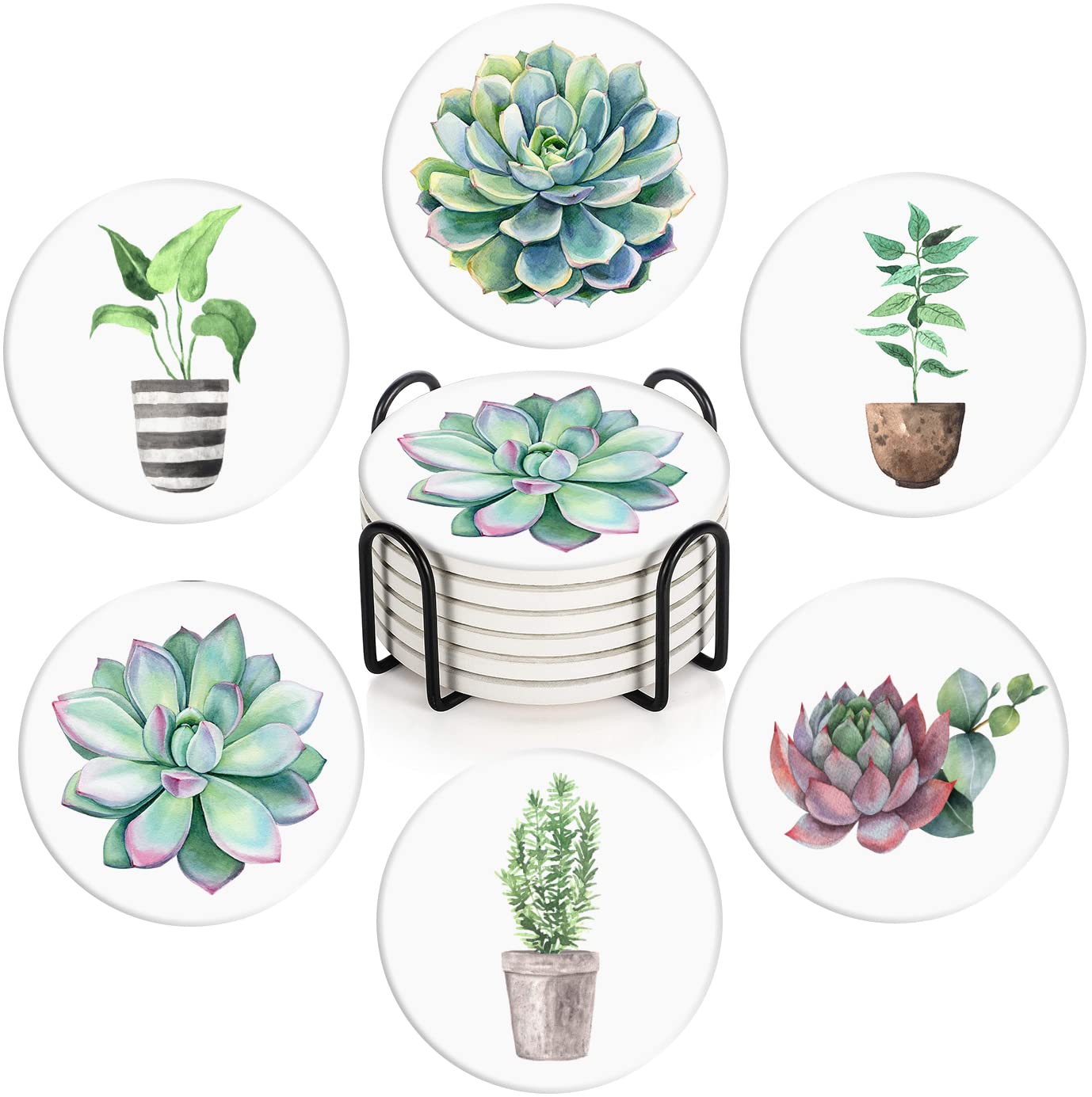 Britimes Coaster for Drinks Set of 6, Tropical Plants Watercolor Flowers Succulent Absorbent Round Ceramic Stone Mat, with Cork Base and Metal Holder, Gift for Housewarming Room Bar Decor