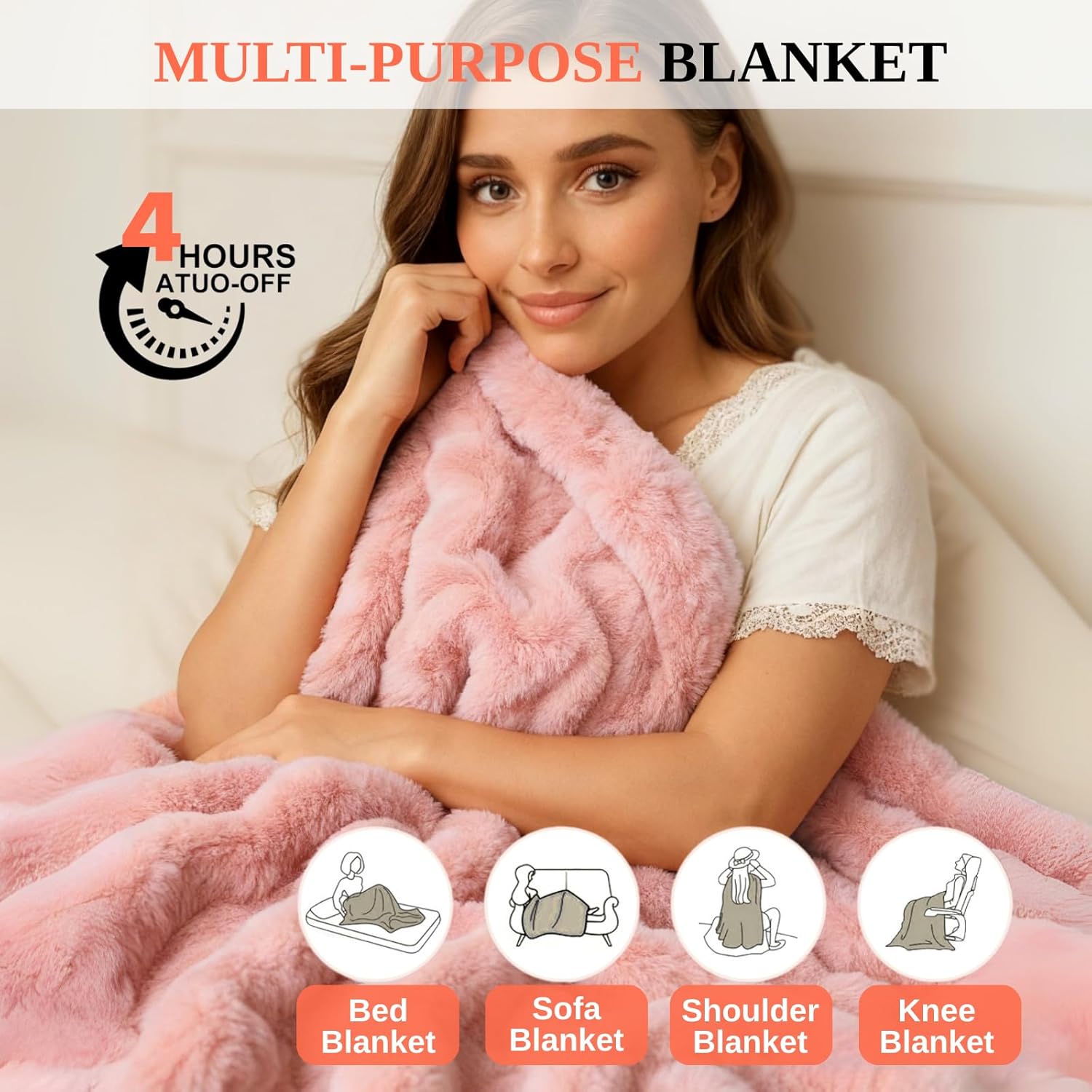 Electric Heated Blanket Throw 50"x60" Pink Ultra Soft Luxury Fluffy Faux Rabbit Fur Machine Washable 6 Heat Settings 4 Hours Auto Off Overheat Protection for Home Office Use - Image 3