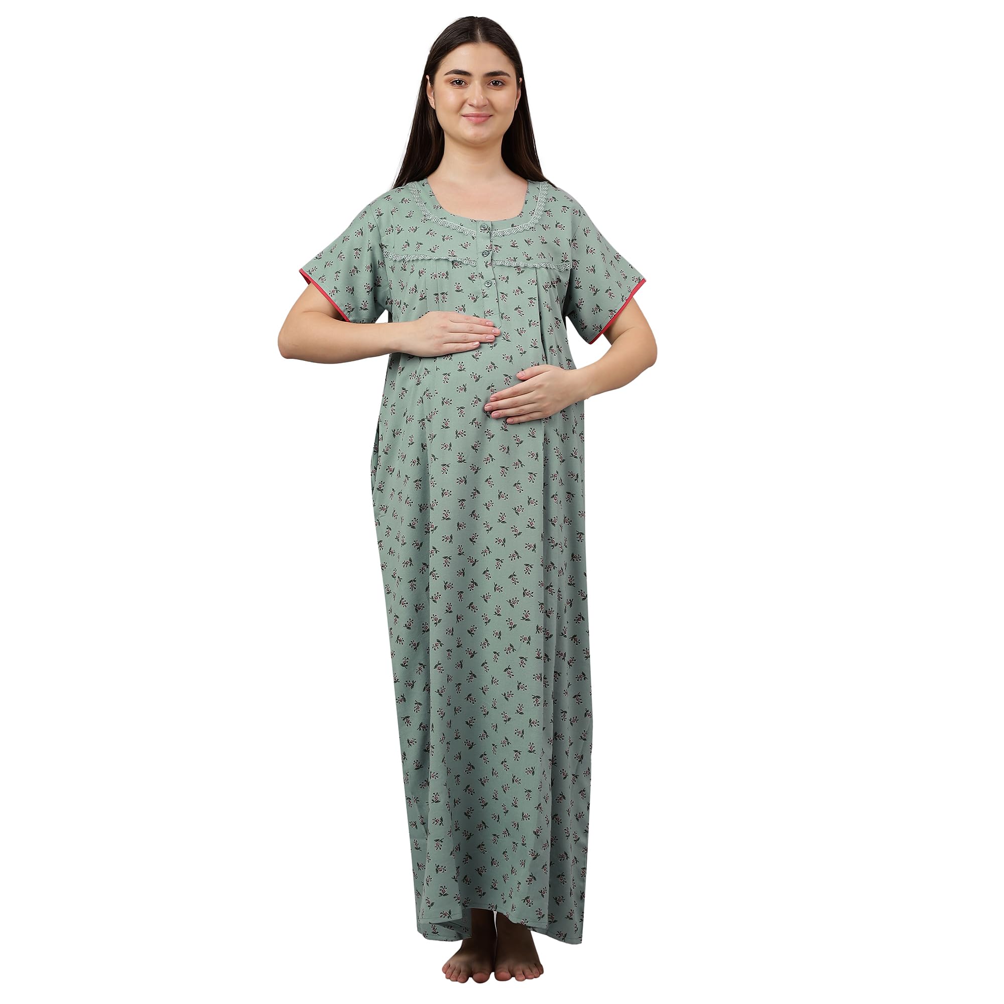 Leaf Printed Short Sleeves Cotton Alpine Feeding/Nursing Long Nighty-image-46