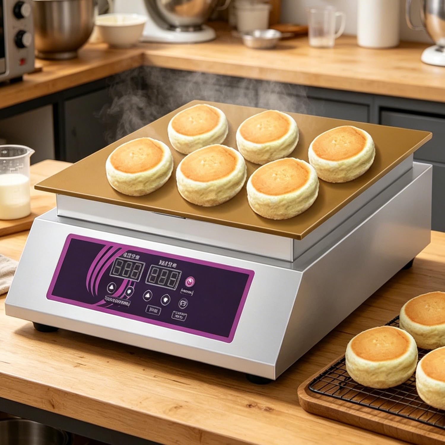Azcabjie Singlehead,Doublehead Pure Copper Plate Commercial Souffle Pancake Machine Electric Dorayaki Baker Non-Stick Countertop Muffin Making Machine Singlehead