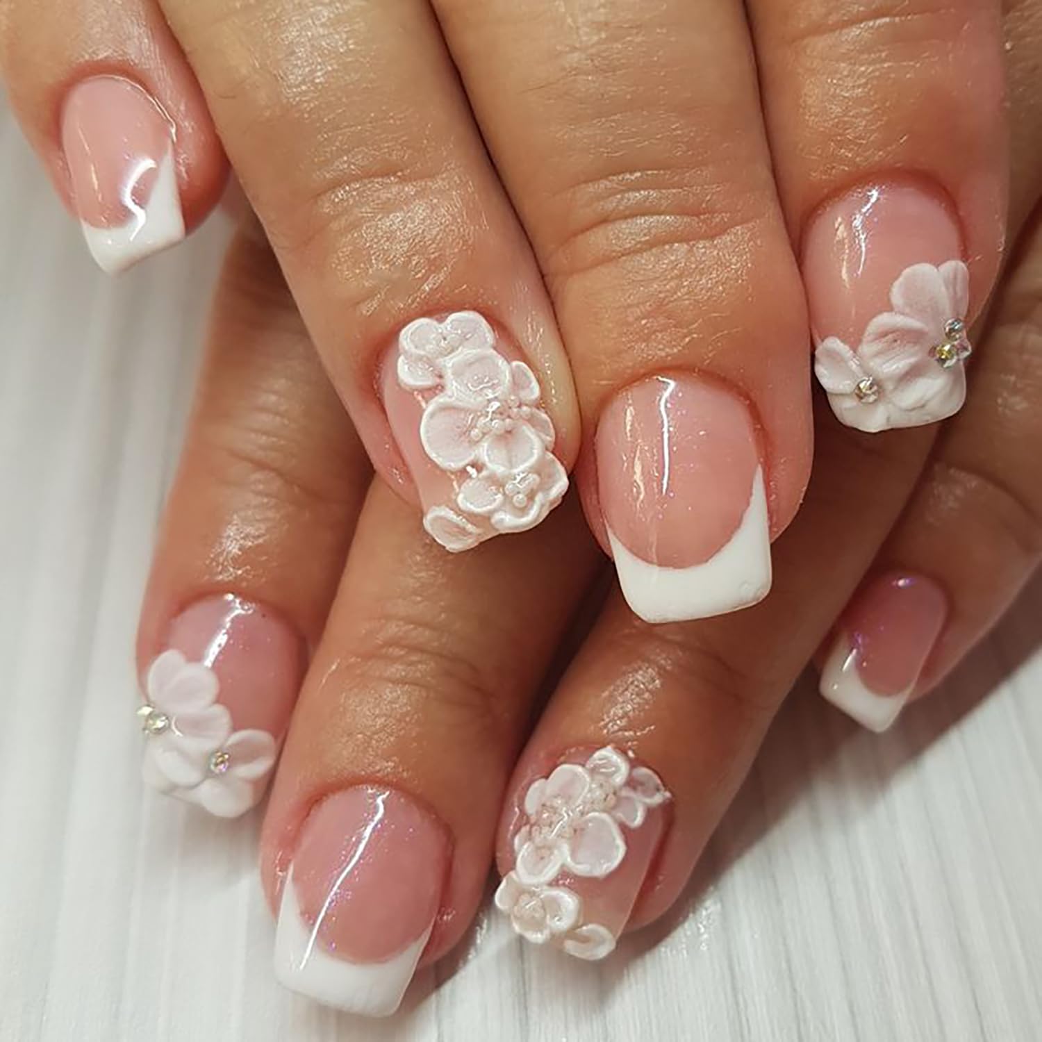 White French Tip Handmade Press on Nails with 3D Flowers Rhinestones Designs Fake Nails Spring Embossed Floral False Nails Glossy Pink Acrylic Nails