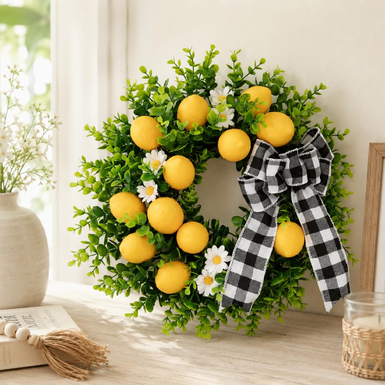 Corona Artificial, Guirnalda Decorativa para Puerta, Flores Artificiales para Hogar, Decoración Pared