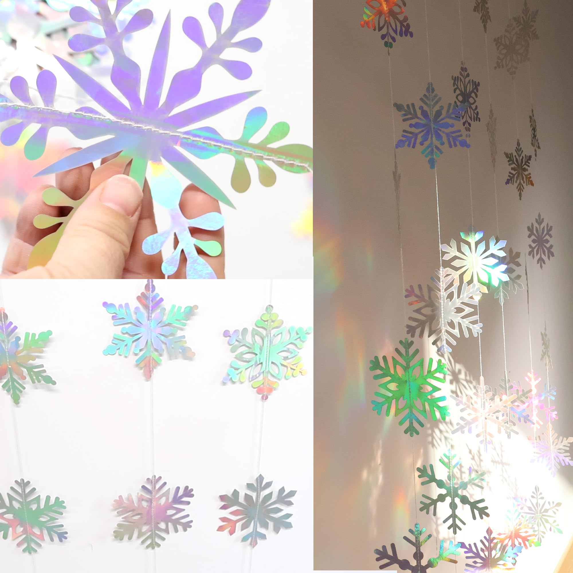 Guirlande Flocons De Neige Irisés 19.8m - Décoration Holographique Scintillante - Pour Noël, Anniversaire, Mariage - 10