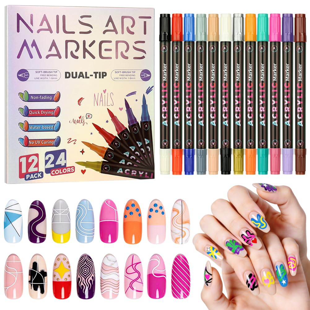 AOOWU 12 Farben 3D Nagellack Stift Set, Doppelköpfig Nail Art Marker, DIY Linie Nagelkunst Graffiti, Nagelspitze Nail Art Beauty Schmücken,Premium-Schnelltrocknungsformel, Splitterfest, für Nagelkunst