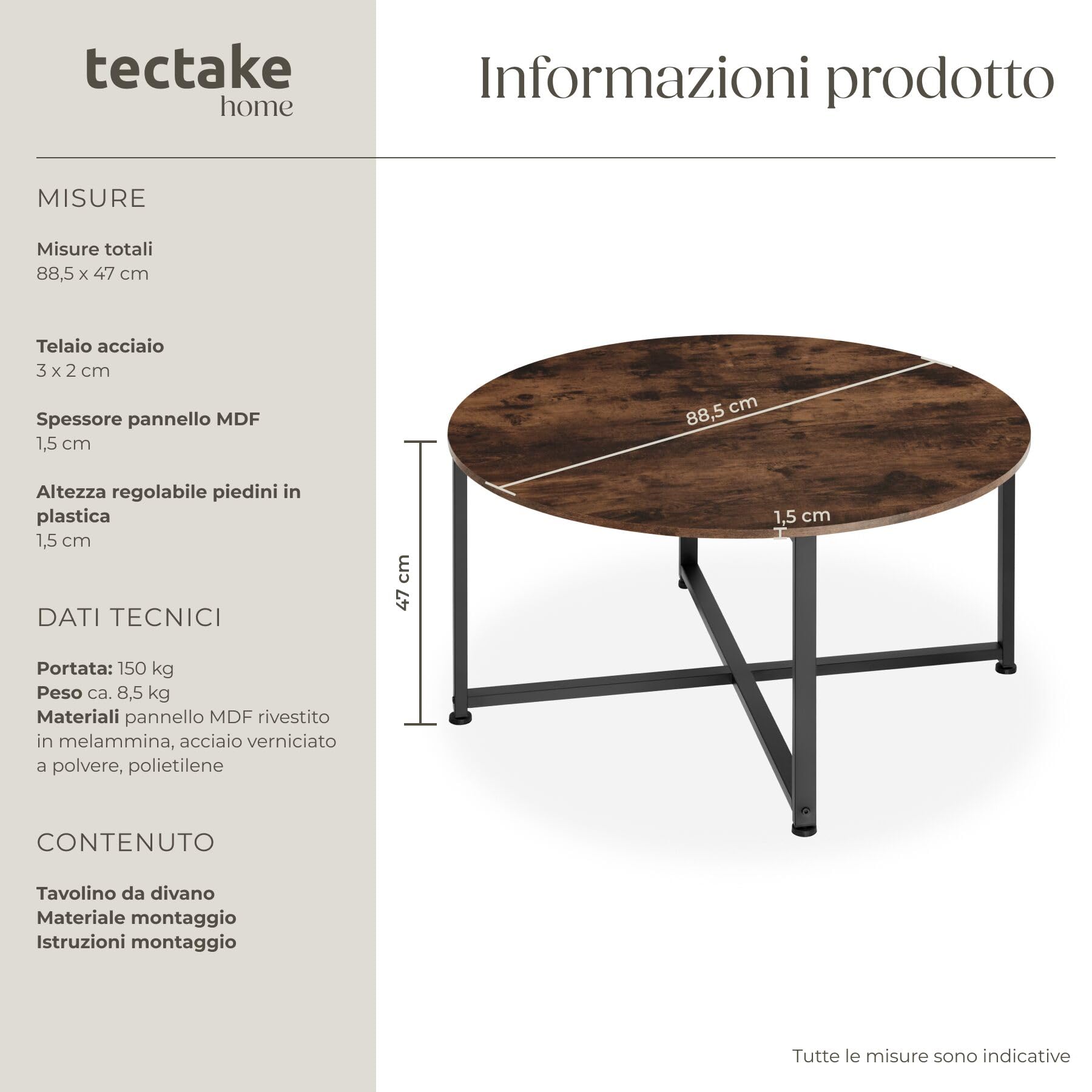 tectake® Tavolino Salotto 88,5x47cm, Tavolino Salotto o Divano, Tavolo Tondo, Design Moderno, Telaio in Acciaio, Piedini Regolabili, Ideale Soggiorno, Casa, Ufficio - Legno Industriale Scuro