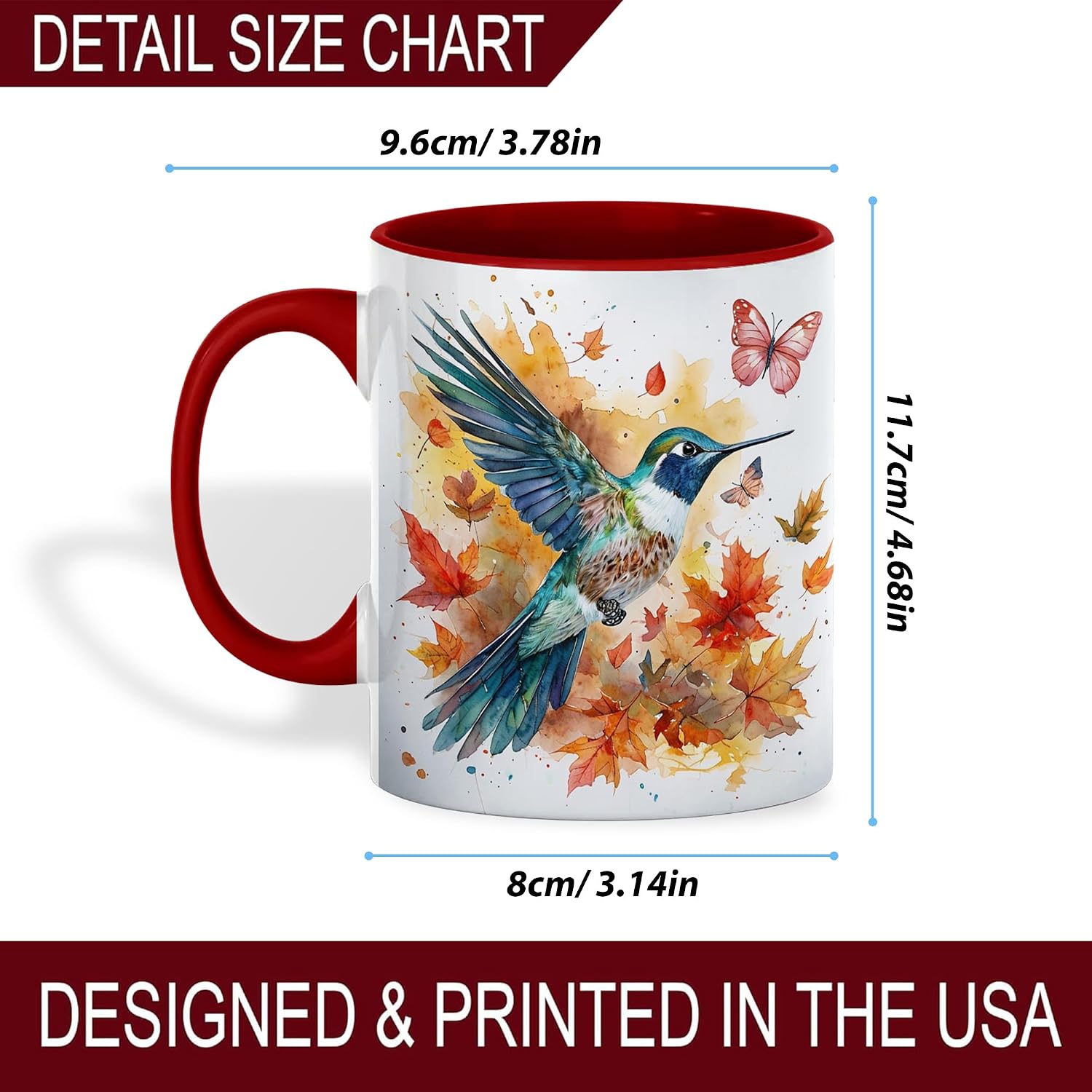 Hummingbird and Butterfly Watercolor Coffee Mug, Fall Bird Lover Mug, Autumn Leaves & Artistic Splash Design, Nature-Inspired Drinkware for Morning Coffee or Tea-Red Handle (Hummingbird)