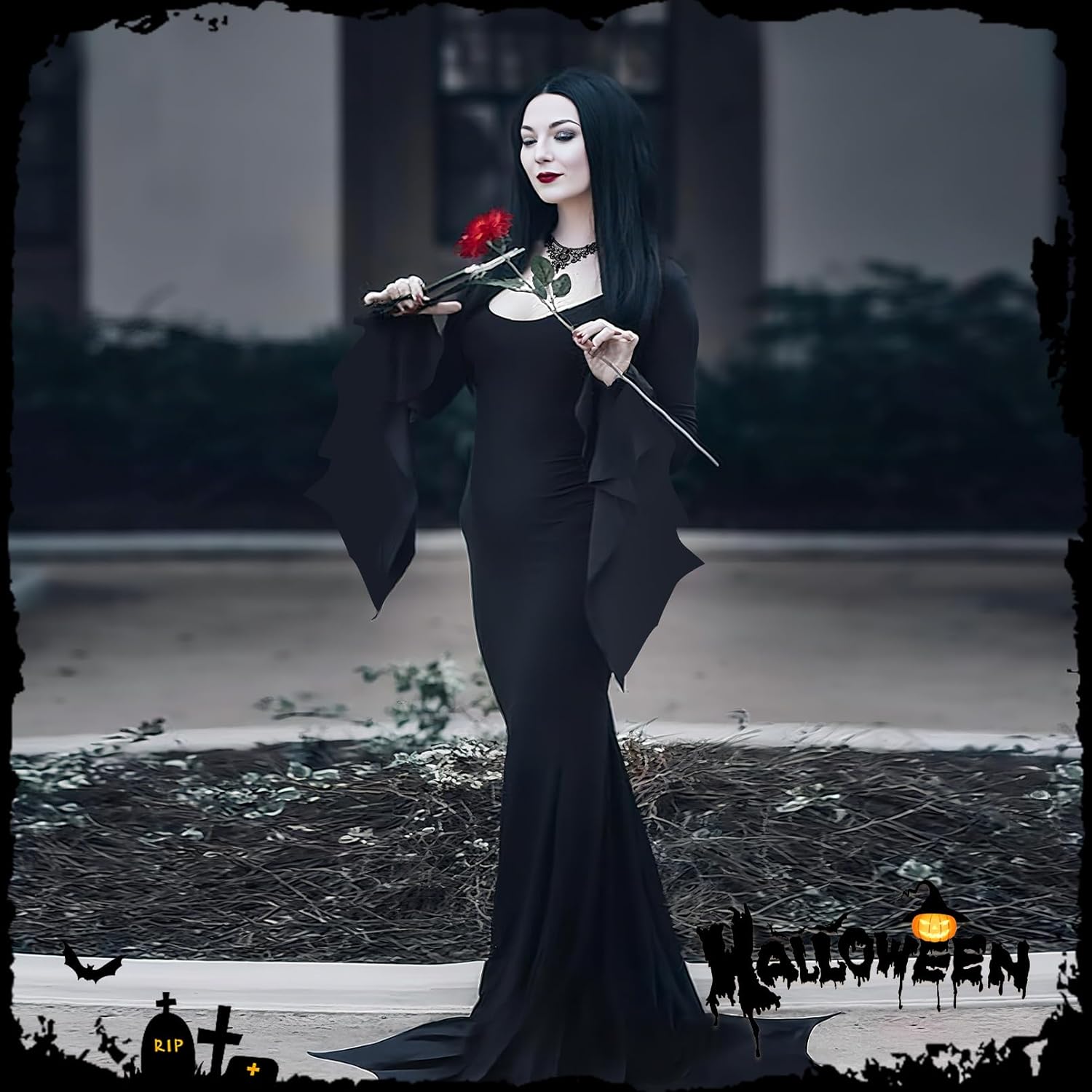 Halloween Morticia Addams Costumes Vintage Gothic Black Long Dress Outfit Women Wig Red Roses Flowers Necklace - Image 5