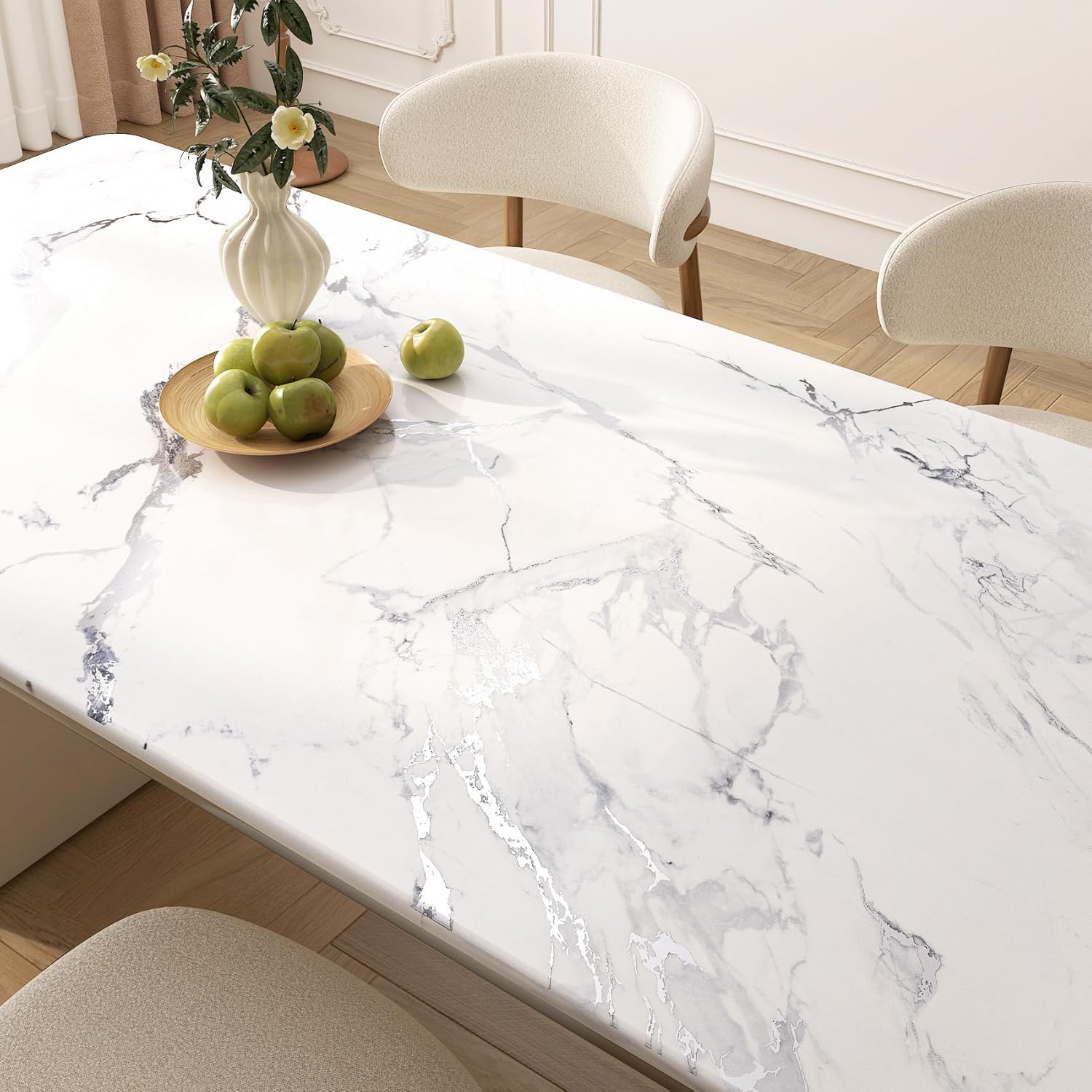 FunStick 60CM×5M Papel Pintado Baño Marmol Blanco Papel Adhesivo para Encimera Cocina Muebles Vinilo Adhesivo Marmol Blanco Plateado Vinilo Autoadhesivo Pared Salón Lavable Vinilos para Muebles Cocina