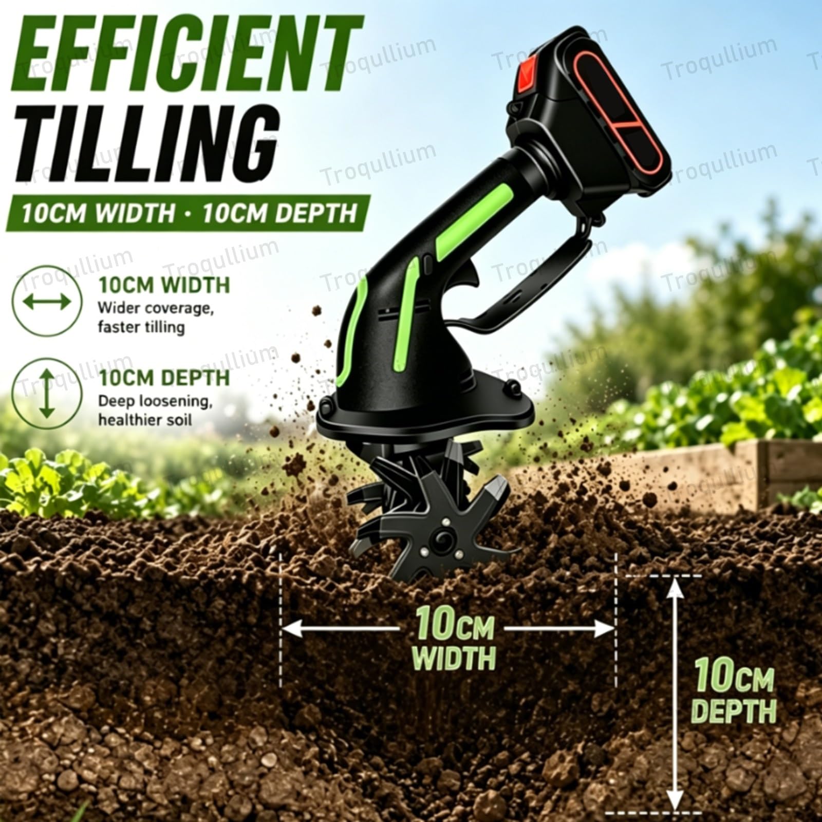 Motobineuse électrique 21V, avec 2batteries 1,5Ah, 4lames métalliques, Largeur de Travail 10cm, Profondeur de Travail 10cm, Vitesse 235tr/min